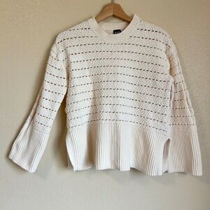 Gap Size XS Cream Cotton Crochet Pointelle Open Knit Sweater Cottage Fisherman